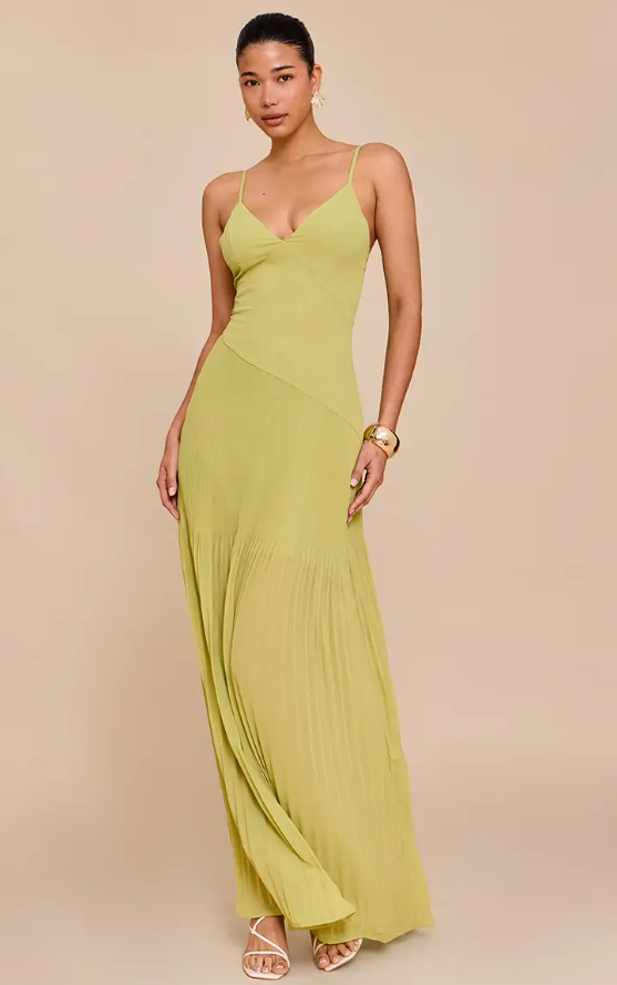 Kumi Woven Pleated Hem Detail Spaghetti Maxi Dress in Lime Green
