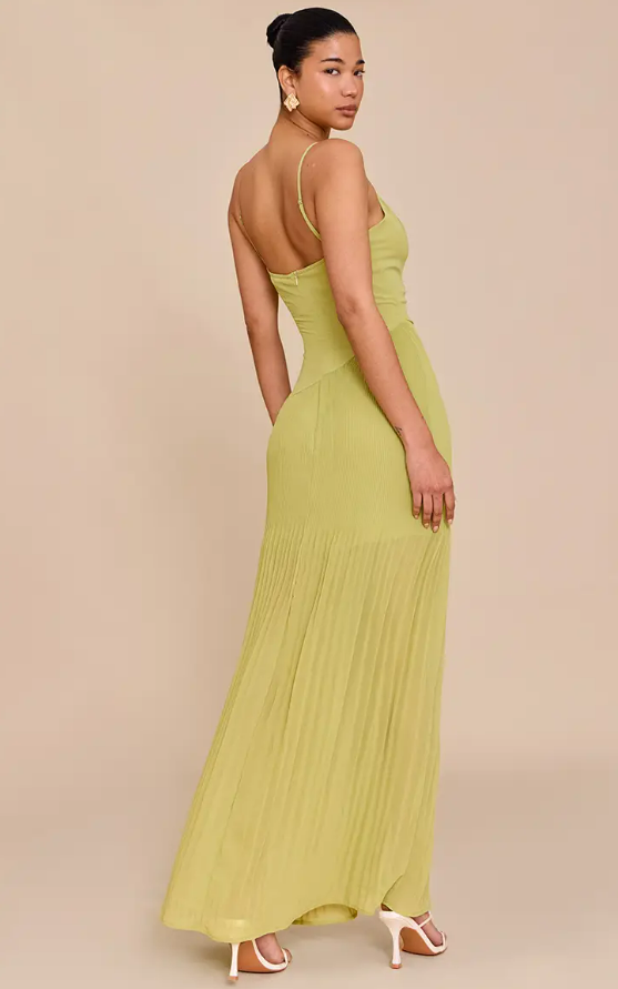 Kumi Woven Pleated Hem Detail Spaghetti Maxi Dress in Lime Green